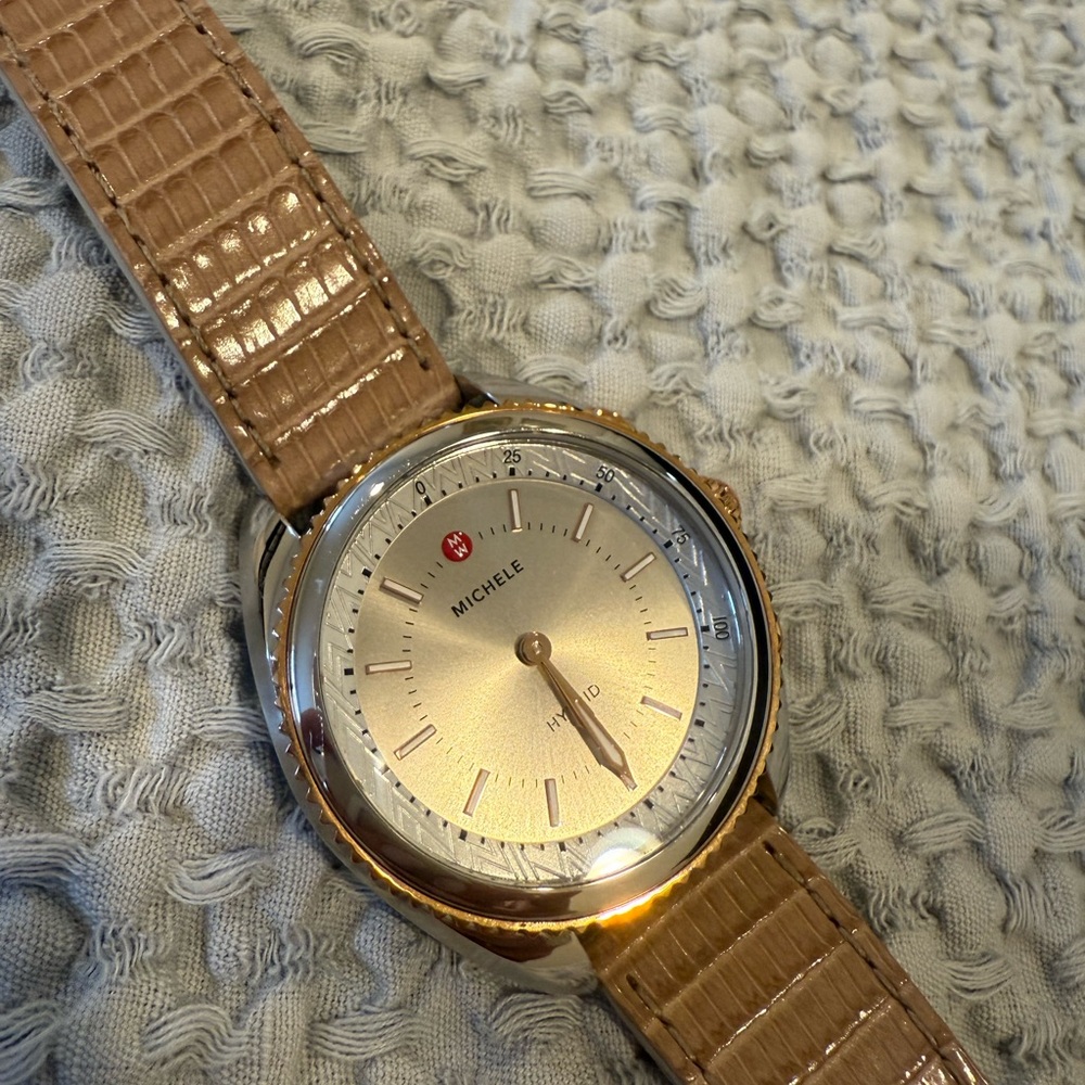 Michele Swiss Hybrid Gold-Tone Watch with Tan Leather Strap